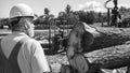 Man overlooking logs in black and white