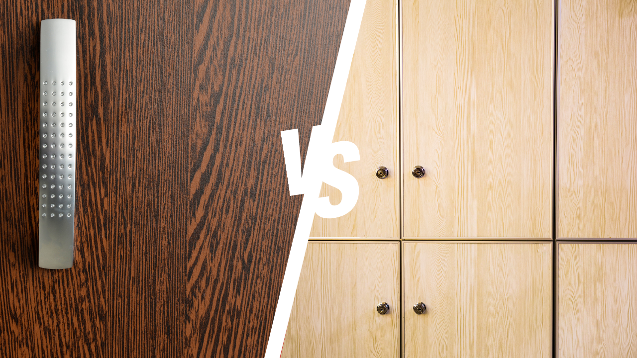 A close up of a dark cabinet vs a light cabinet