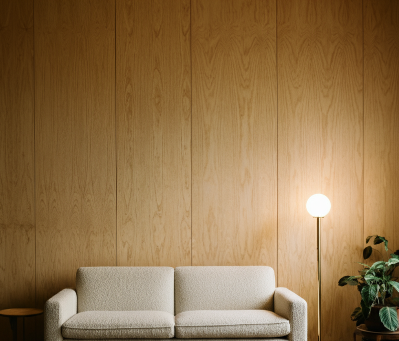 white oak panels behind a white sofa